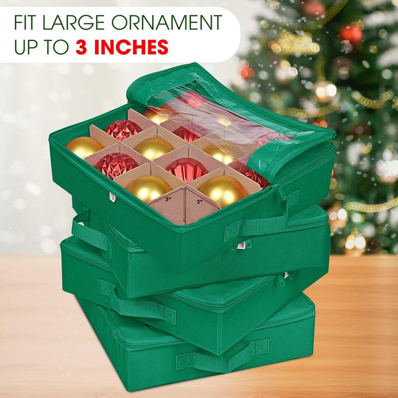ProPik 4 Pcs Christmas Ornament Storage Boxes with Dividers | 4 Individual Trays Hold 64 Holiday Decoration Balls | Durable Ornaments Organizer Storage Box | Zippered Closure with Handles (Green) - Image 4
